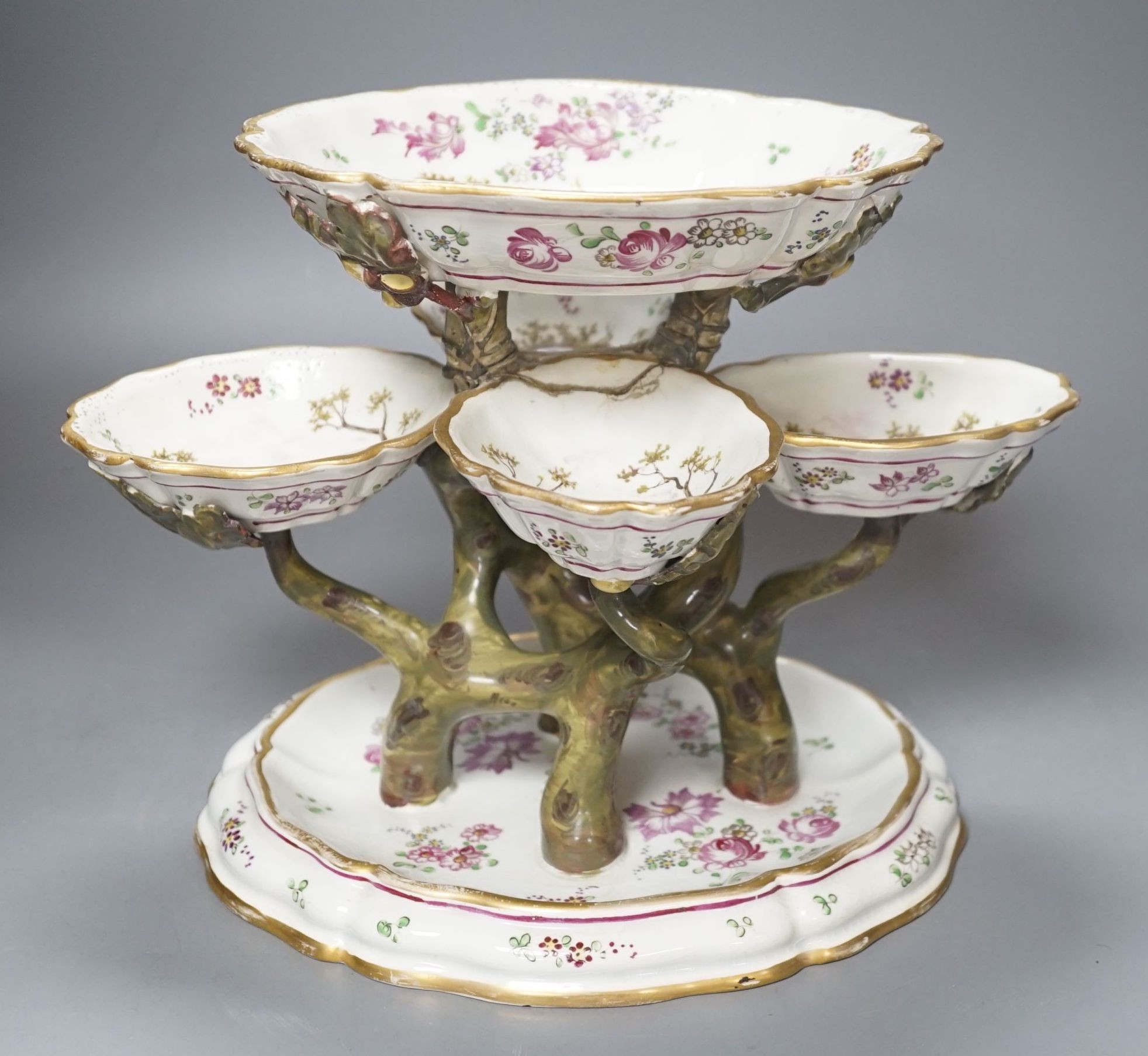 A 19th century Stebner faience four branch epergne, 21 cms high.